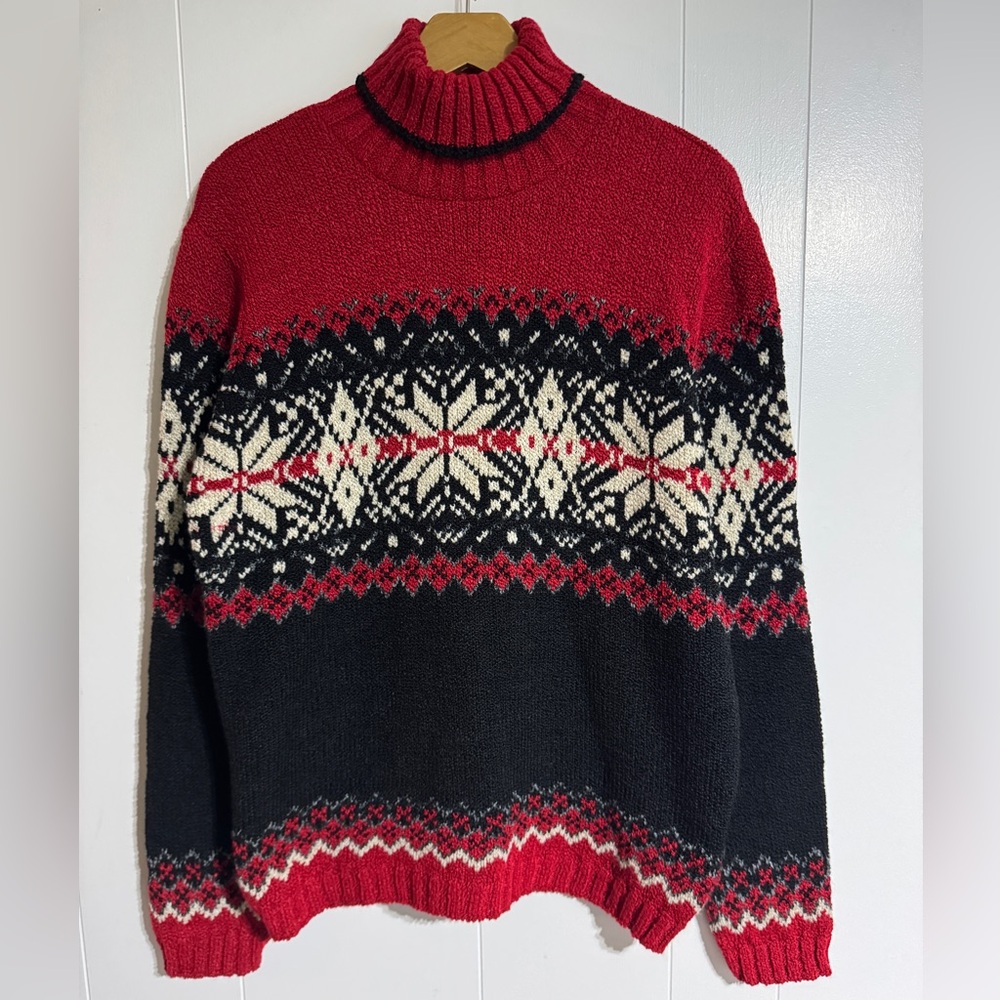 Vintage Women’s Turtleneck Knit Sweater Snowflake Holiday Theme Red Black White